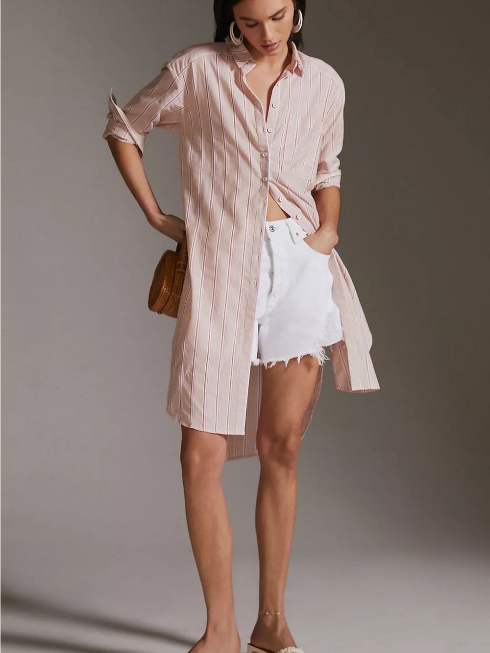 Anthropologie Striped Tunic Button Down Shirt/Dress Oversized Sz Medium
